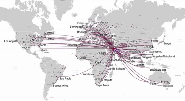 Karte der aktuellen Flugstrecken Qatar