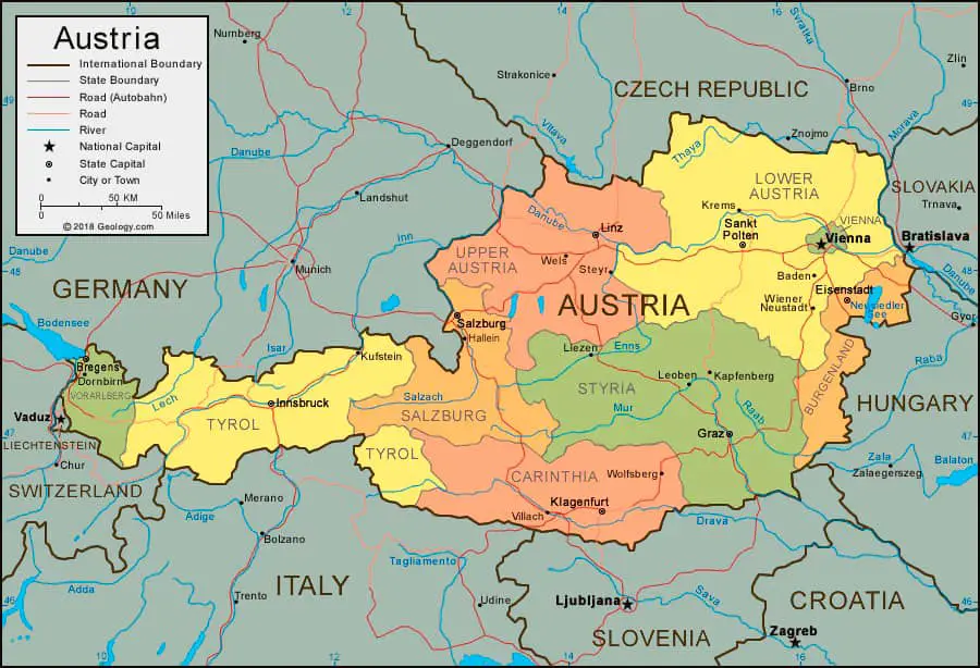Österreich Karte — Gesamtübersicht, Straßen und Regionen