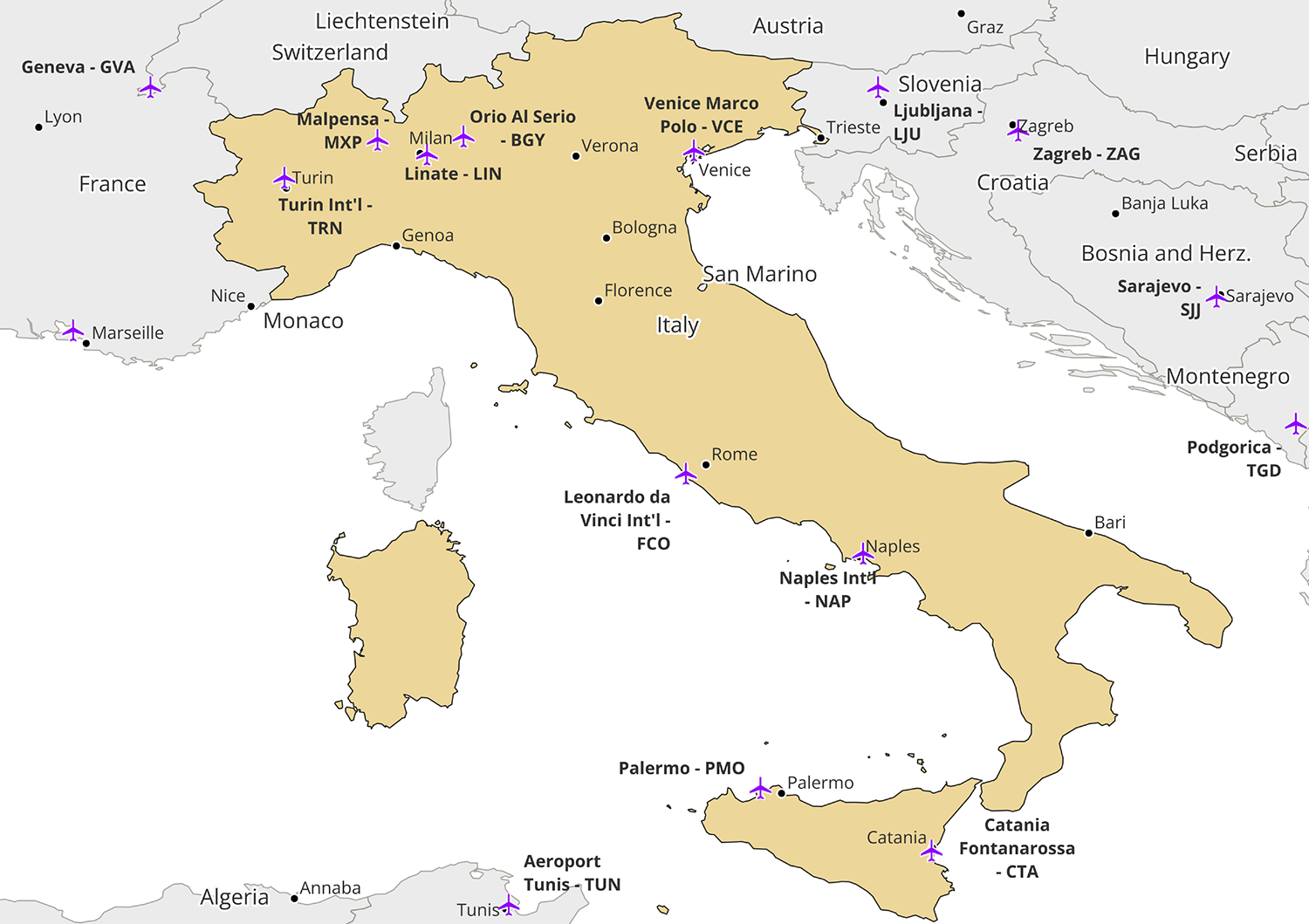 flughäfen in Italien karte