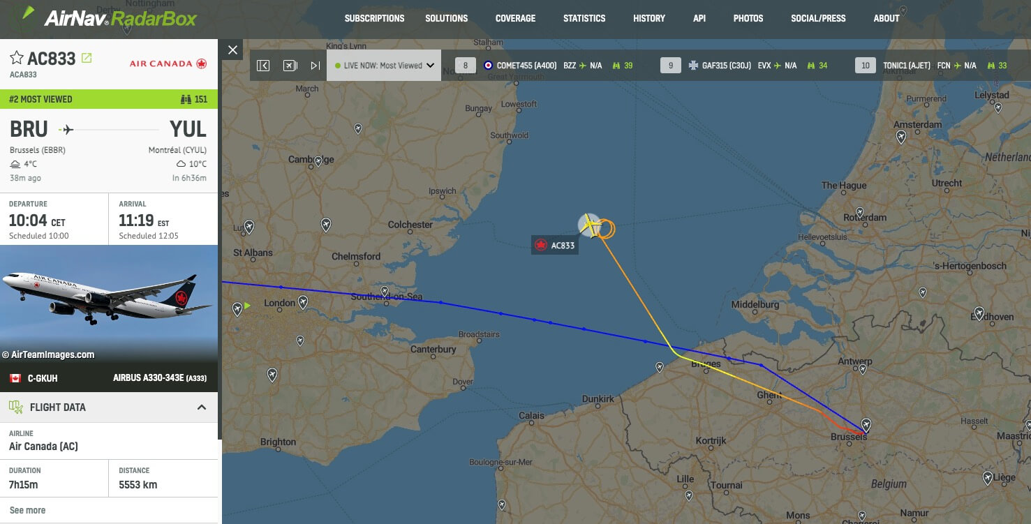 Air Canada Flug AC833 von Brüssel nach Montreal meldet Notfall