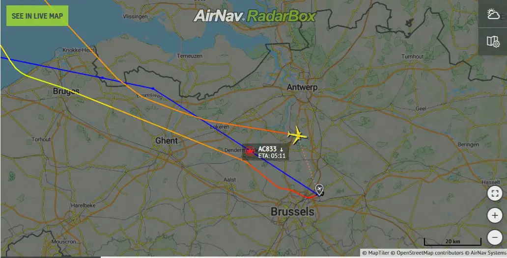 Flug AC833 befindet sich im Raum Brüssel