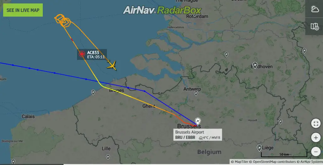 Flug AC833 kehrt zum Flughafen Brüssel (BRU) zurück